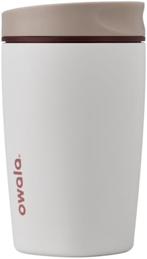 A white Owala travel tumbler with a light brown lid and a dark brown rim, featuring the Owala logo printed vertically in red on the lower left.