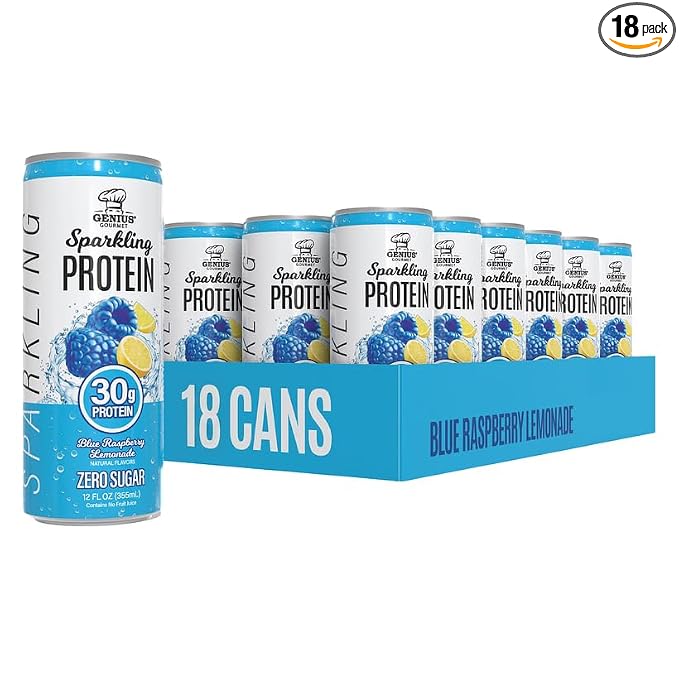 A 18-pack display of Genuini Sparkling Protein Zero Sugar canned drinks in Blue Raspberry Lemonade flavor, with one can shown in front of a blue cardboard tray on a white background.