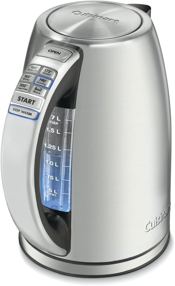 Cuisinart CPK-17P1 silver electric kettle with handle-mounted temperature buttons and a blue-lit water-level window.