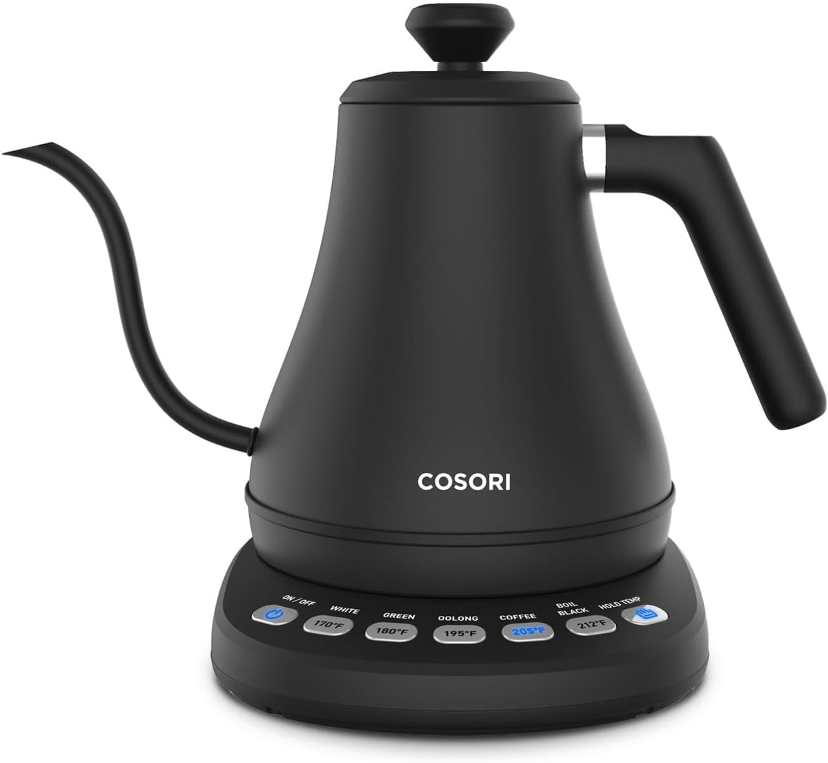 Black Cosori electric kettle on a white background
