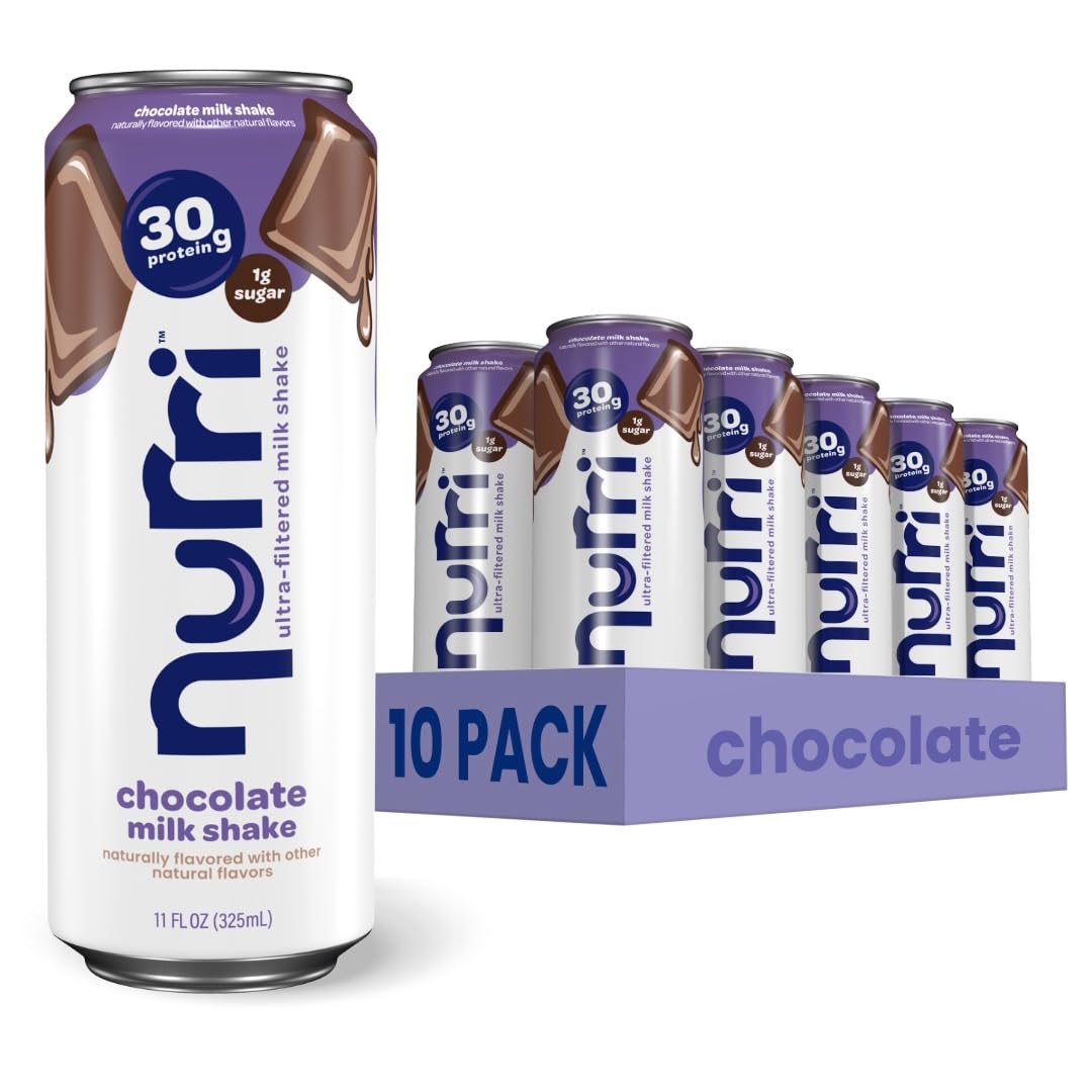 A 11 fl oz can of Nutri chocolate milk shake shown prominently in front of a 10-pack display of the same product on a clean white background.