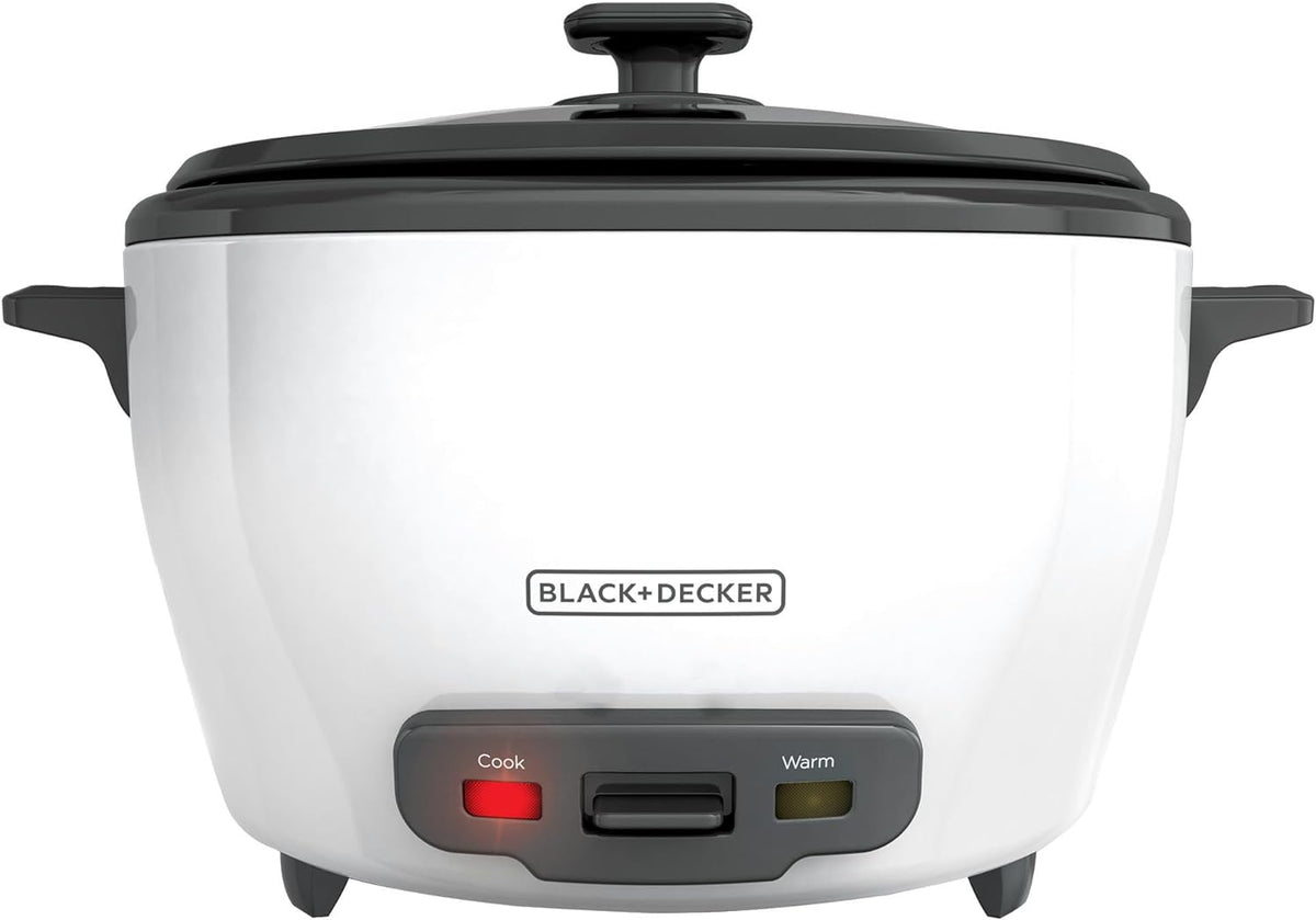White rice cooker with black lid and control panel on a white background, featuring the Black+Decker brand.
