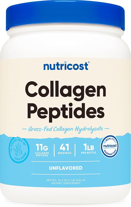 Nutricost unflavored collagen peptides powder, grass-fed bovine collagen, 1lb (454g)