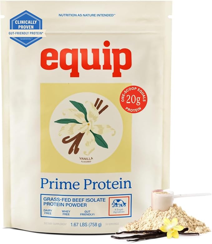 Equip Prime grass fed beef protein powder, vanilla, front of container