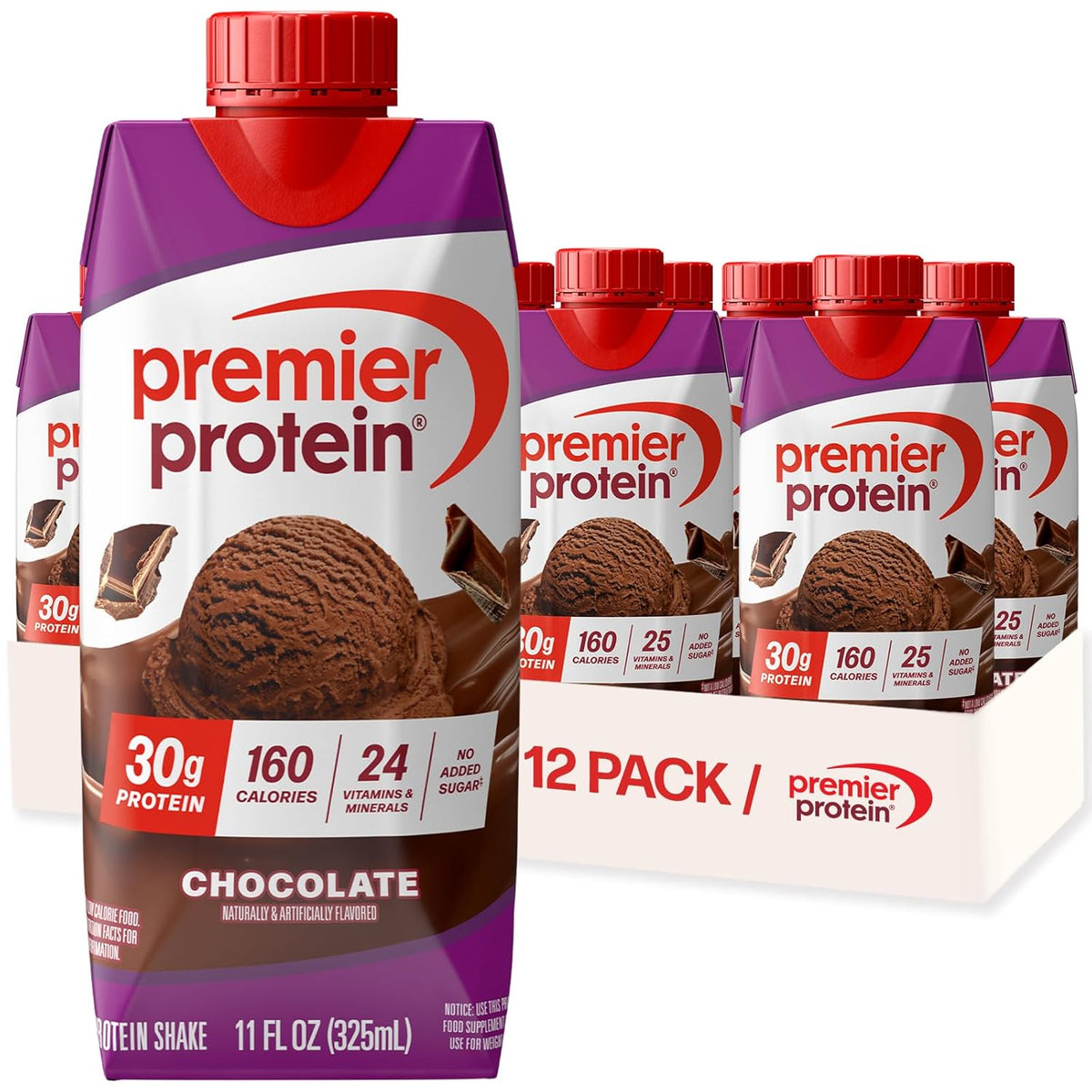 Premier Protein chocolate protein shake packaging with a 12-pack box in the background.