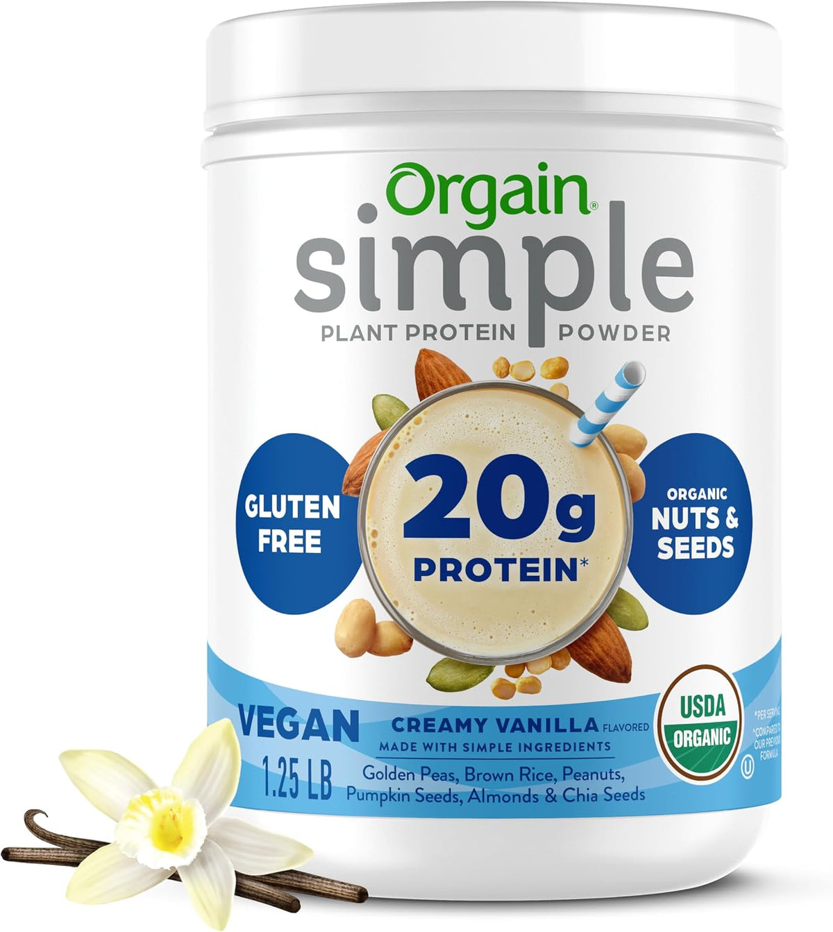 Orgain Simple Plant Protein Powder container with vanilla flower and vanilla beans on a white background