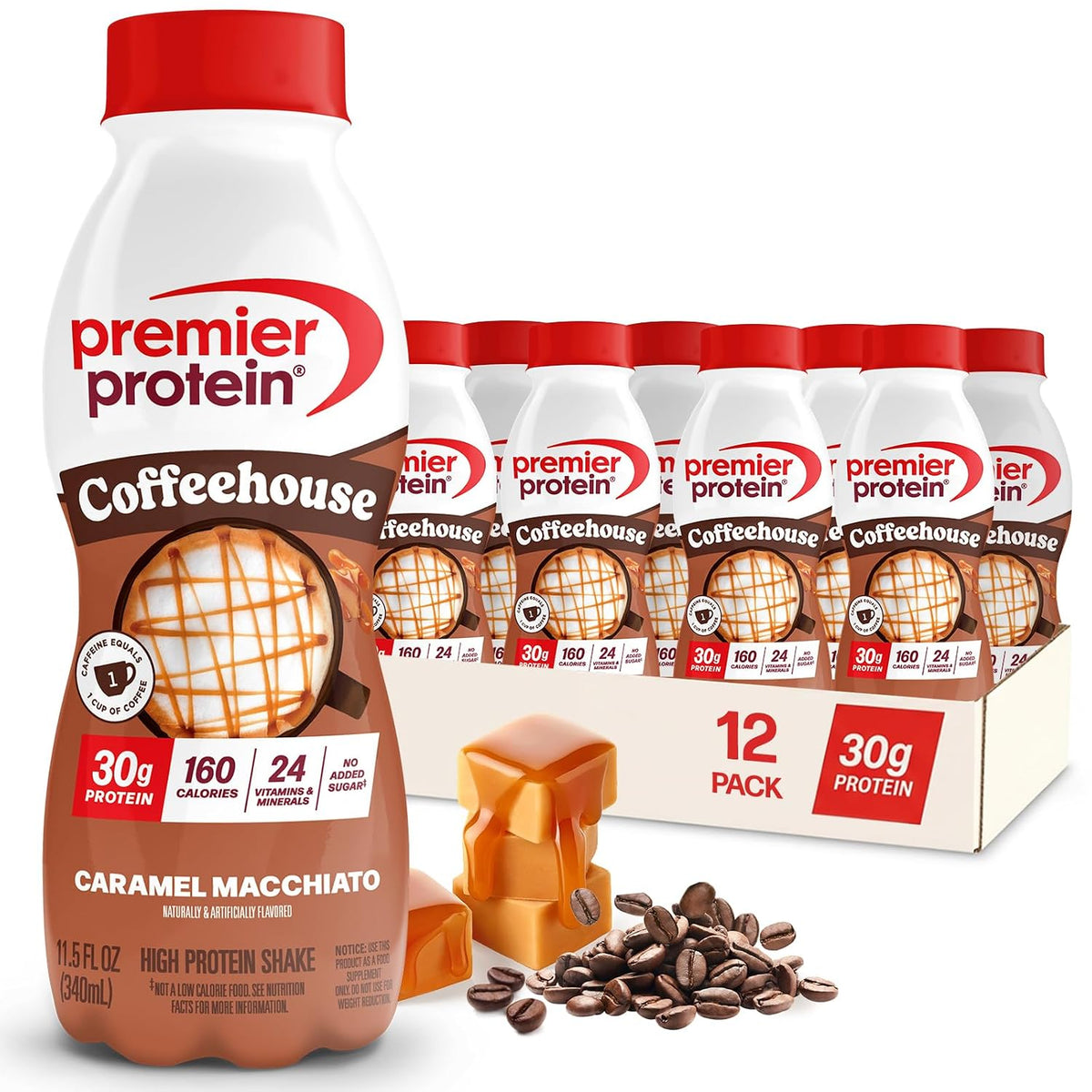 Premier Protein Coffeehouse Caramel Macchiato protein shake packaging with a box of 12 shakes.