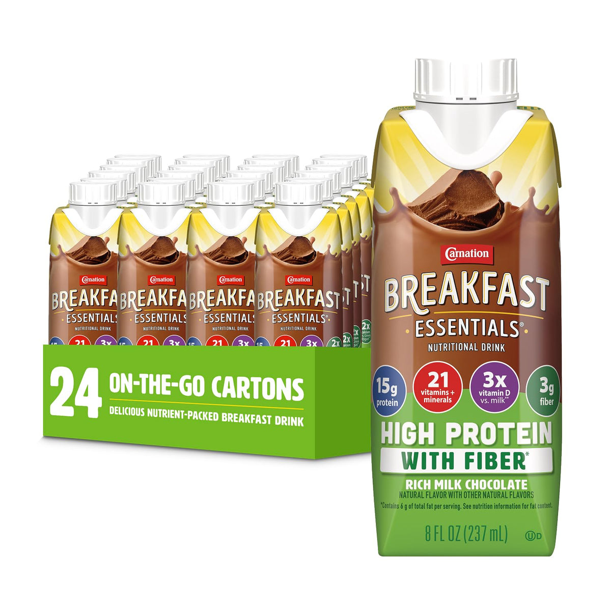 Carnation Breakfast Essentials high protein with fiber drink cartons on a white background