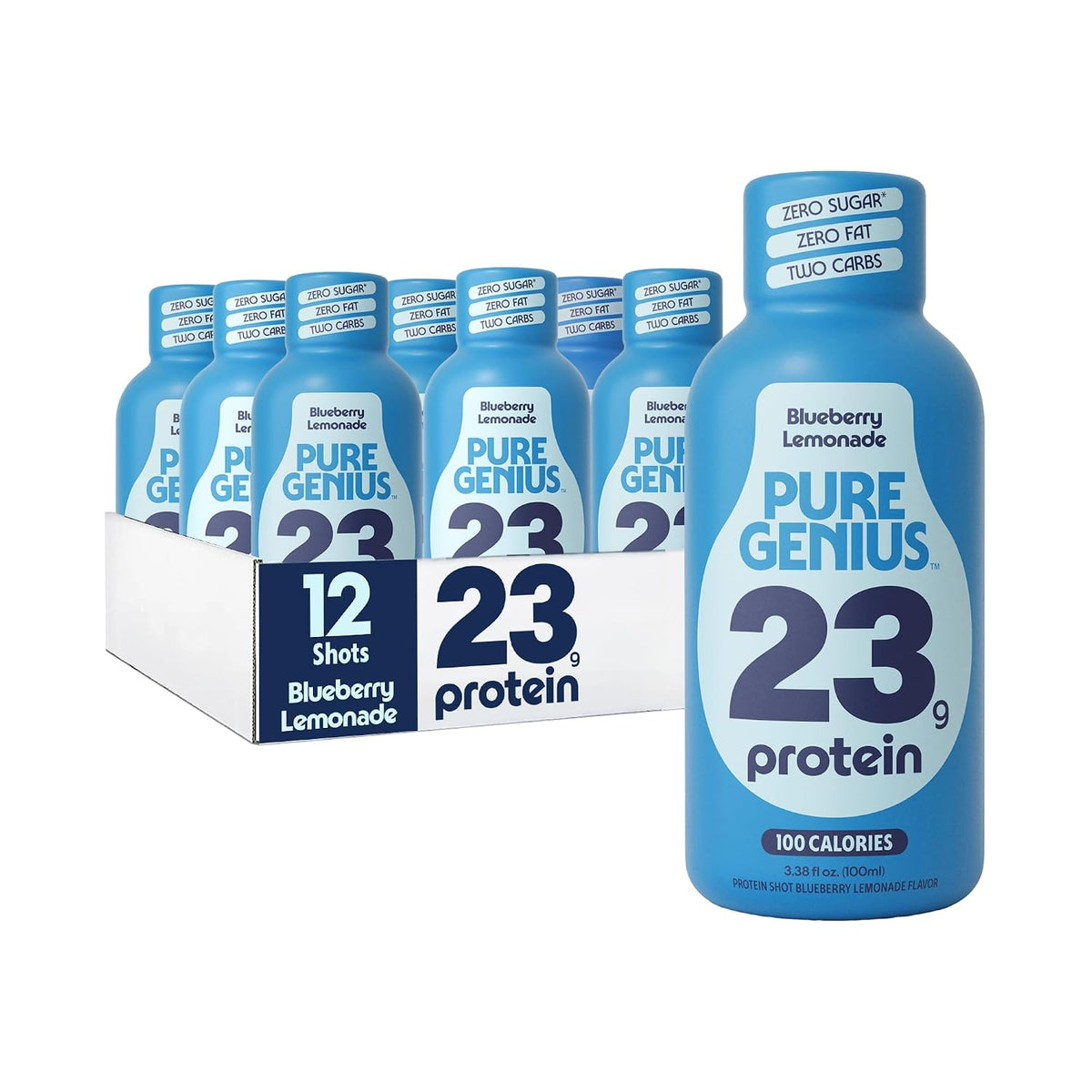 A pack of Pure Genius 23 Protein Blueberry Lemonade shots in a white cardboard tray with one large bottle in front, on a white background.