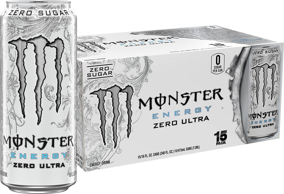 A 15-pack of Monster Energy Zero Ultra energy drinks, featuring a large single can on the left and a matching cardboard box on the right, both with the iconic silver claw logo and white, gray, and blue packaging.
Monster Energy Zero Ultra sugar free energy drink 16 oz can