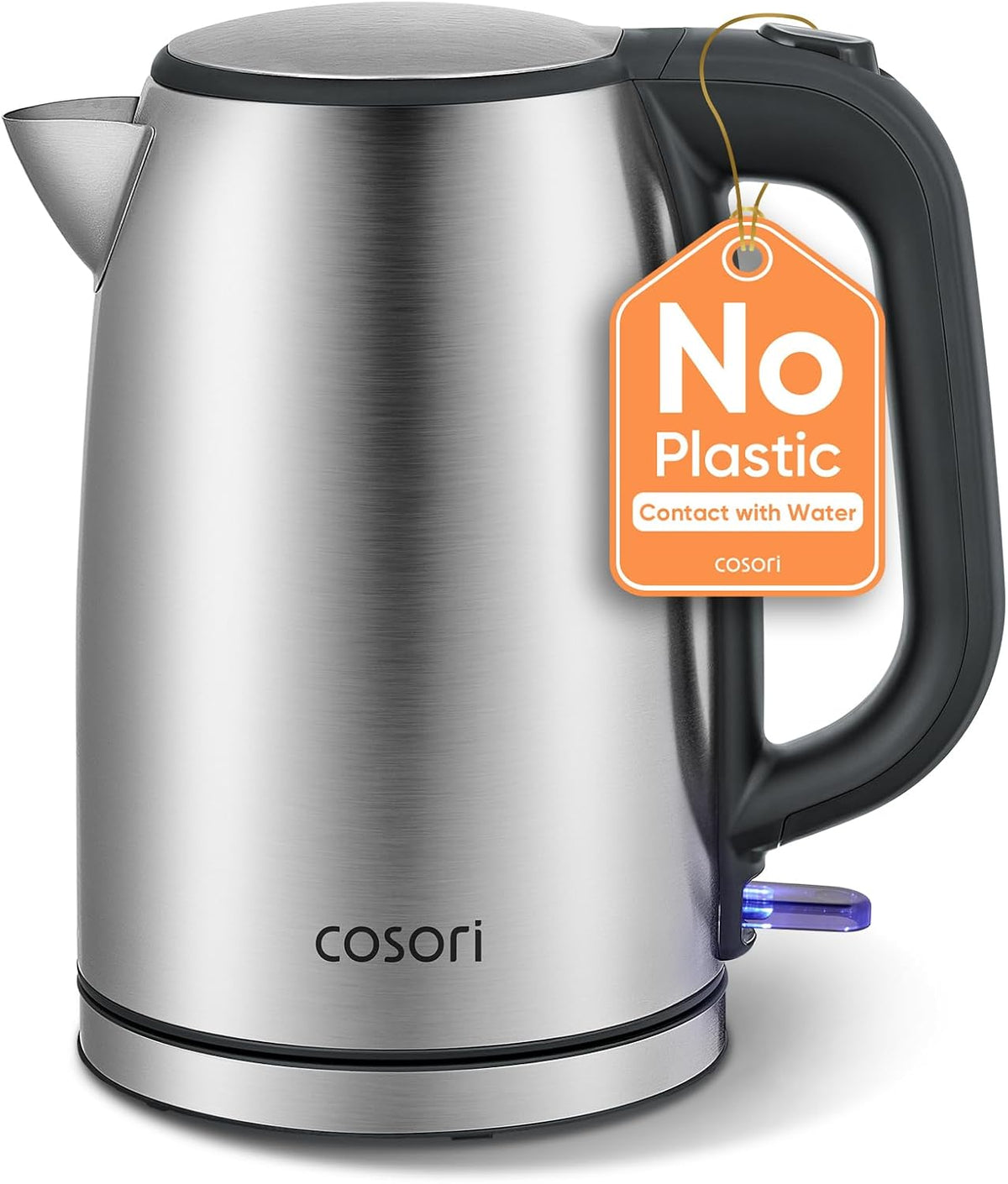 Cosori electric kettle with a 'No Plastic' tag on a white background