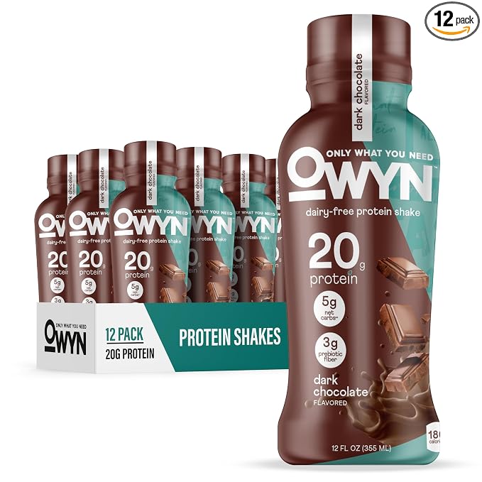 A 12-pack display of OWYN protein shakes in a dark chocolate flavor, featuring one large bottle in the foreground and a carton of twelve bottles behind it on a white background.