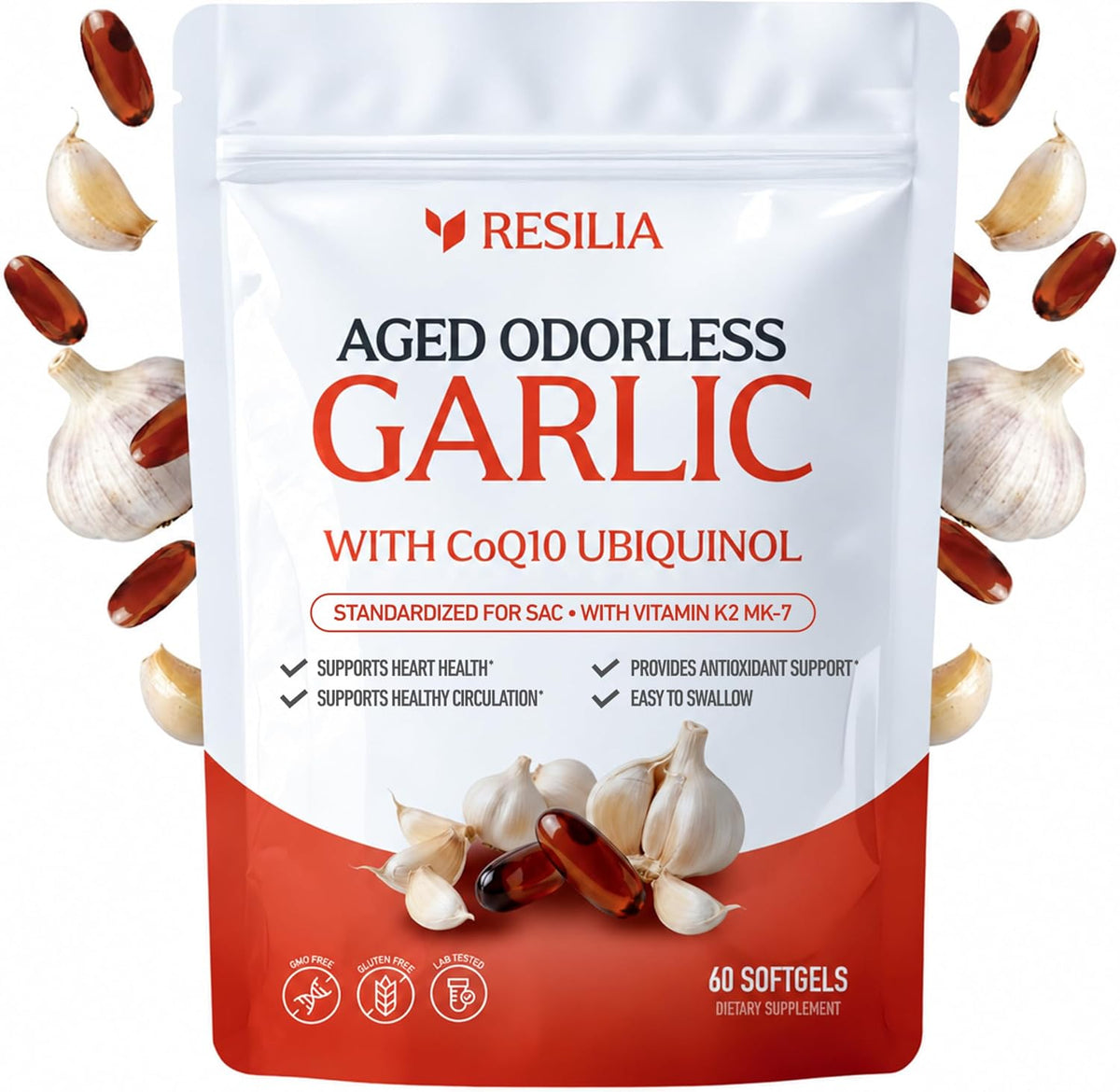 Resilia Odorless Aged Garlic Softgels with CoQ10 ubiquinol and vitamin K2 MK-7, 60-count bottle