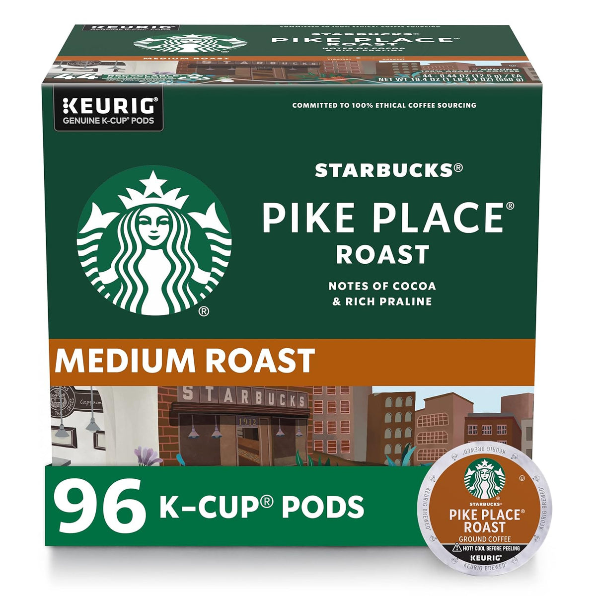 Starbucks Pike Place Roast medium roast coffee, green 96-count K-Cup box with an orange-label Keurig pod