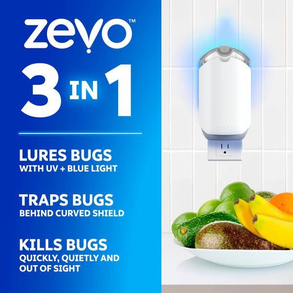 Zevo Flying Insect Trap - Plug-in Indoor Fly Trap and Bug Light Trap Refill with Blue and UV Light - No-Mess Cartridge for House Flies, Fruit Fly Trap and Gnats (1 Plug-in Base and 1 Cartridge)