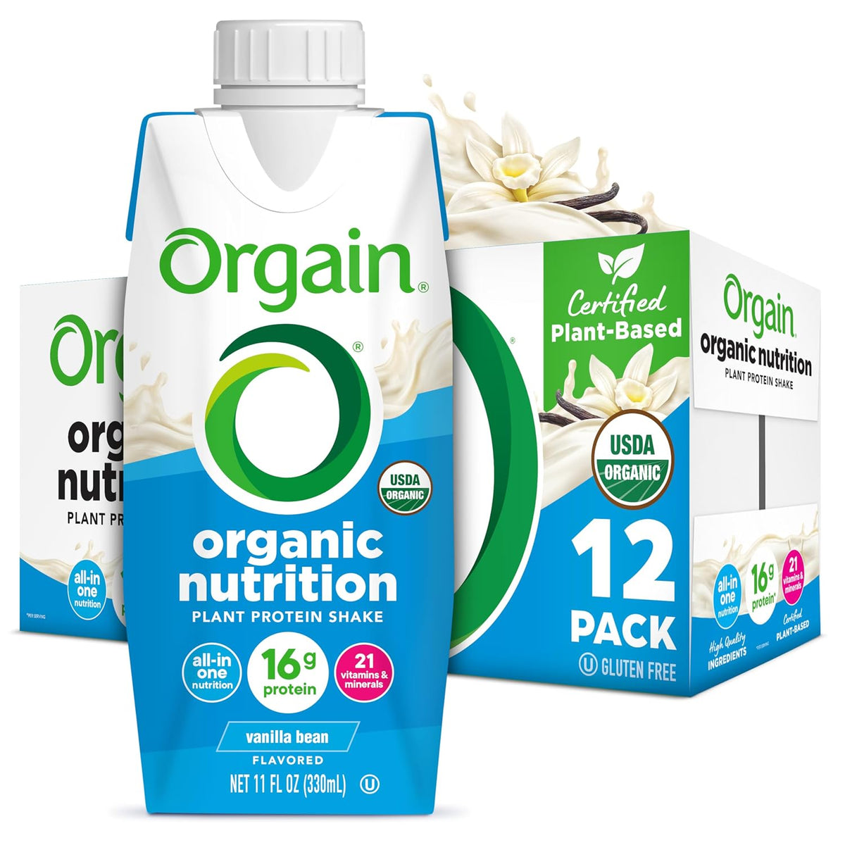A 12-pack box of Orgain Organic Nutrition vanilla bean flavored plant protein shake, shown with several individual carton packs arranged in front of the box on a white background.