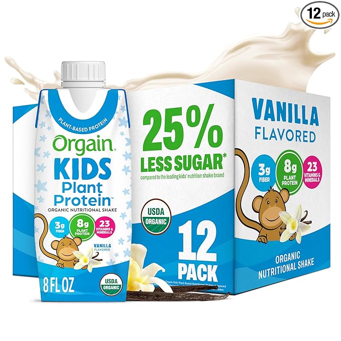 Orgain Organic Kids vanilla protein shake 8 fl oz carton, front view, 8g plant protein
