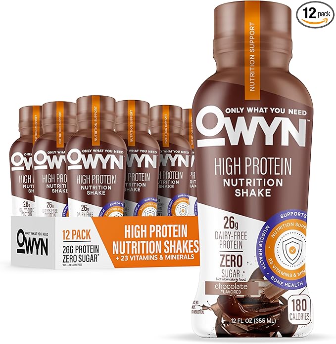 OWYN High Protein Nutrition Shake packaging with multiple bottles and a box on a white background