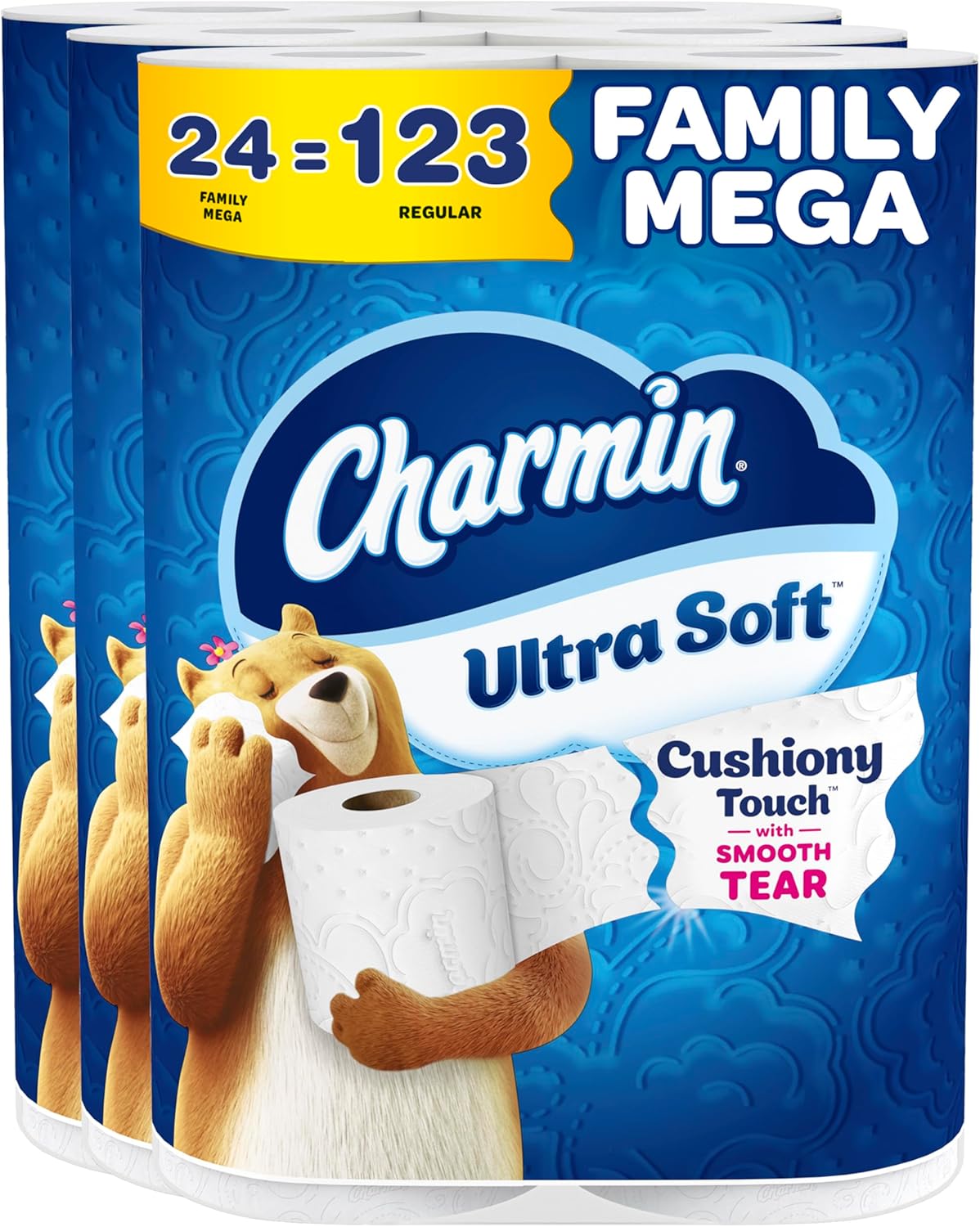Charmin Ultra Soft Cushiony Touch toilet paper, white, 24 Family Mega Rolls