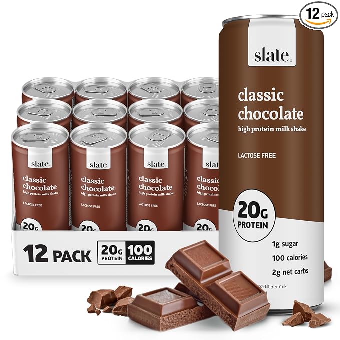 12-pack of slate classic chocolate high protein milkshake with packaging details.