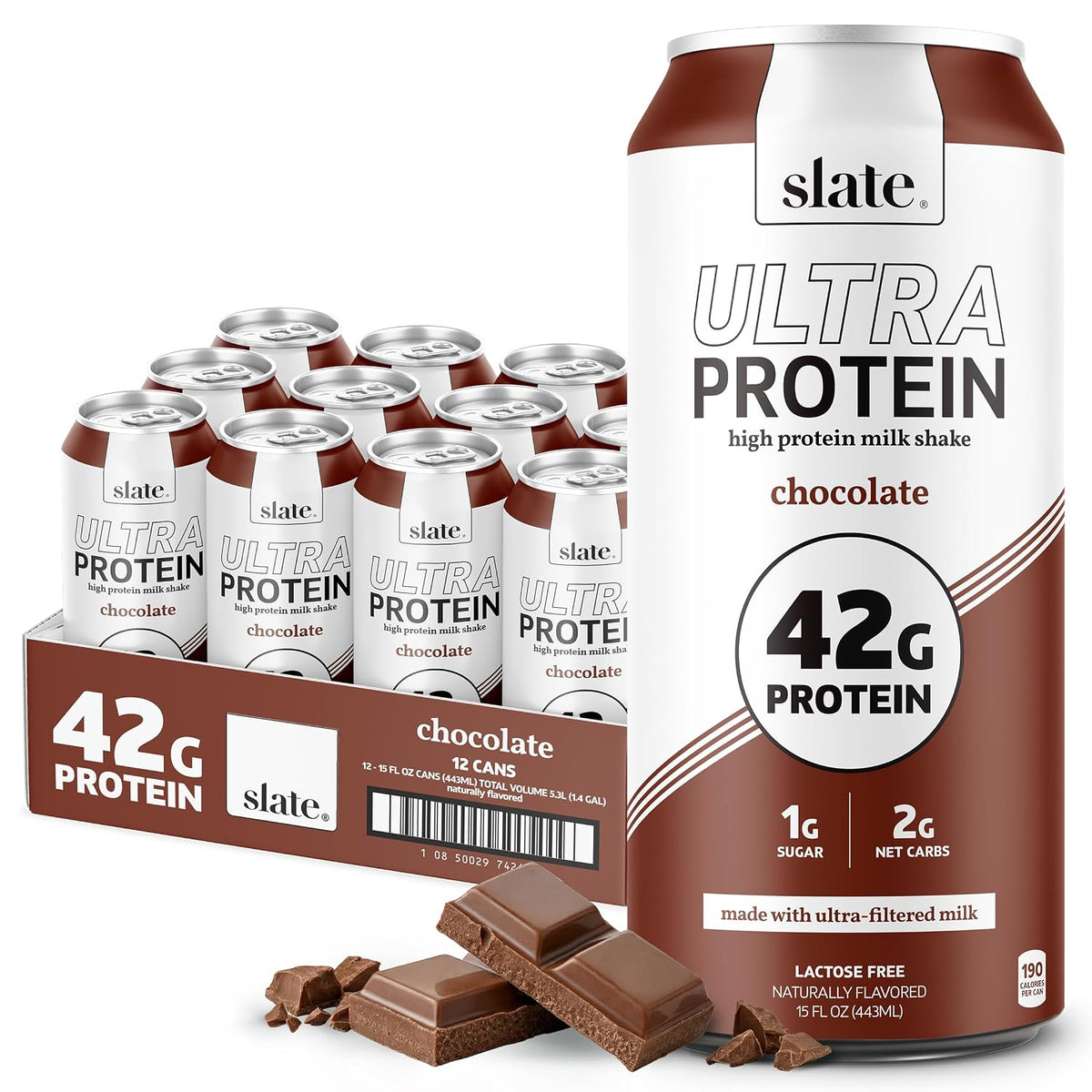 A retail display of 12 cans of slate Ultra Protein chocolate milk shake next to a single large can, with chocolate chunks in front, on a white background.