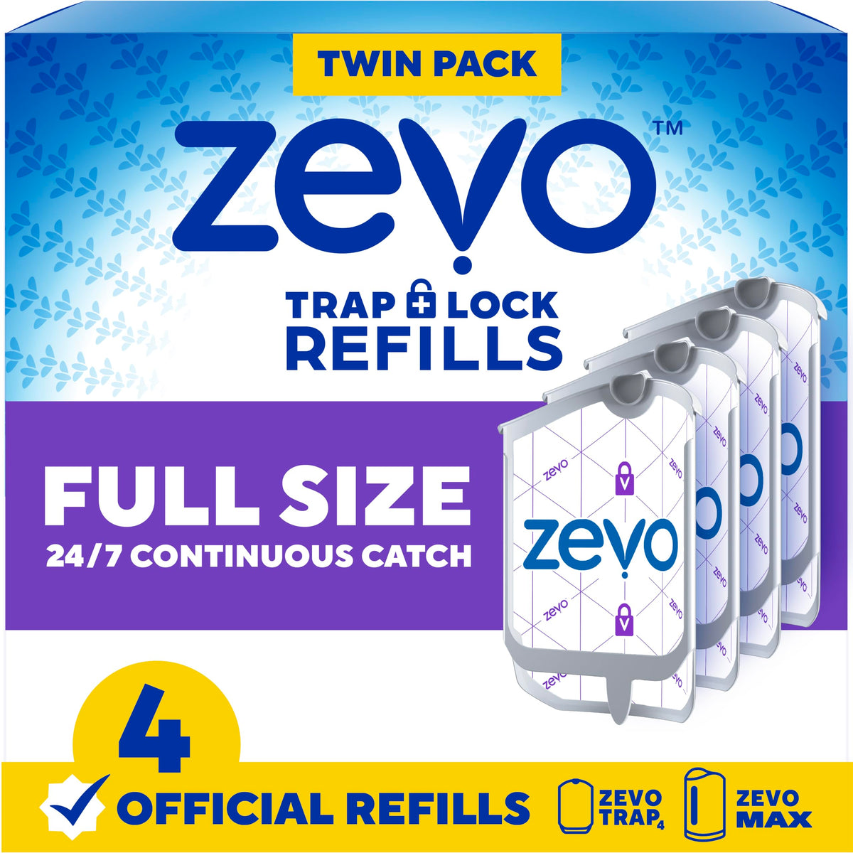 Zevo Flying Insect Trap Official Refill Cartridges - Fits Zevo Trap and MAX Indoor Fly Trap, Trap+Lock Technology Fly Trap Refill for Gnats, House Flies & Fruit Flies (4 Official Refill Cartridges)