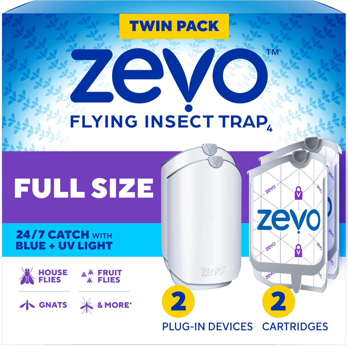 Zevo Flying Insect Traps - Plug-in Indoor Fly Trap and Bug Light Trap Refill with Blue and UV Light - No-Mess Cartridge for House Flies, Fruit Fly Trap and Gnats (2 Plug-in Bases and 2 Cartridges)