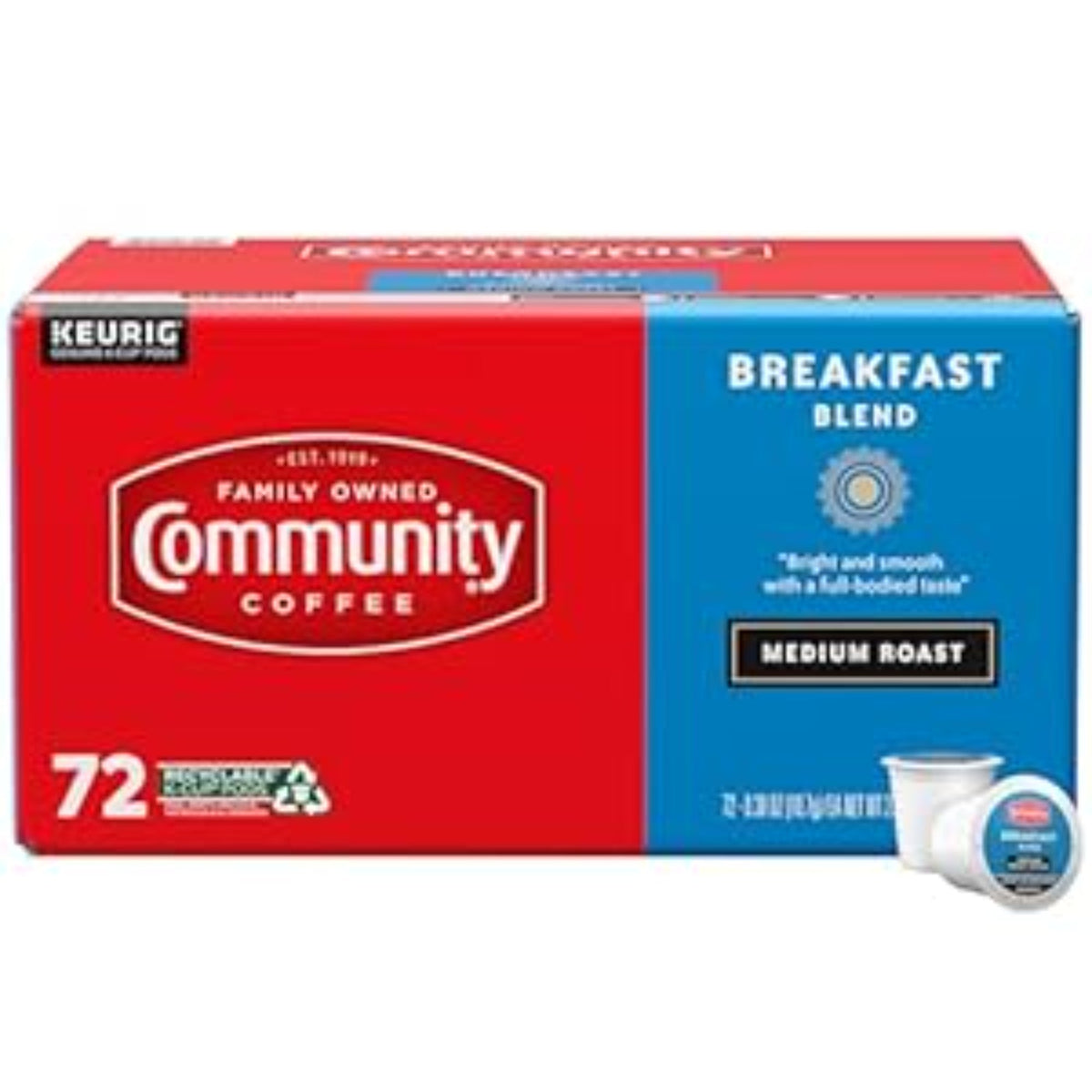 Community Coffee Breakfast Blend, Medium Roast, Single-Serve Keurig K-Cup Pods, 72 Count (Pack of 1)