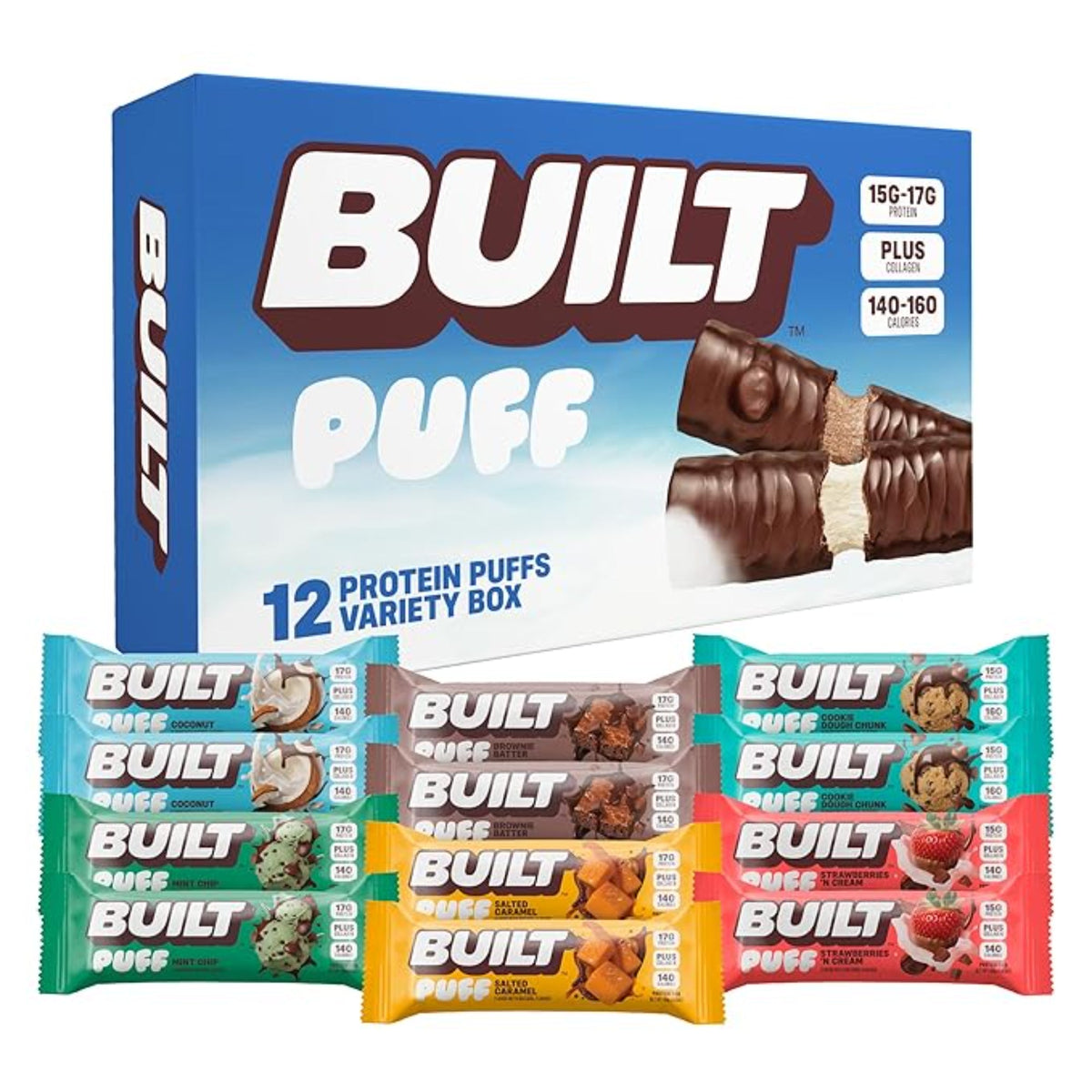 Built Bar, Puff Protein Bars, Variety Pack, Collagen, On-the-go Snacks, Breakfast Bar, Mixed Sampler, 12 Pack