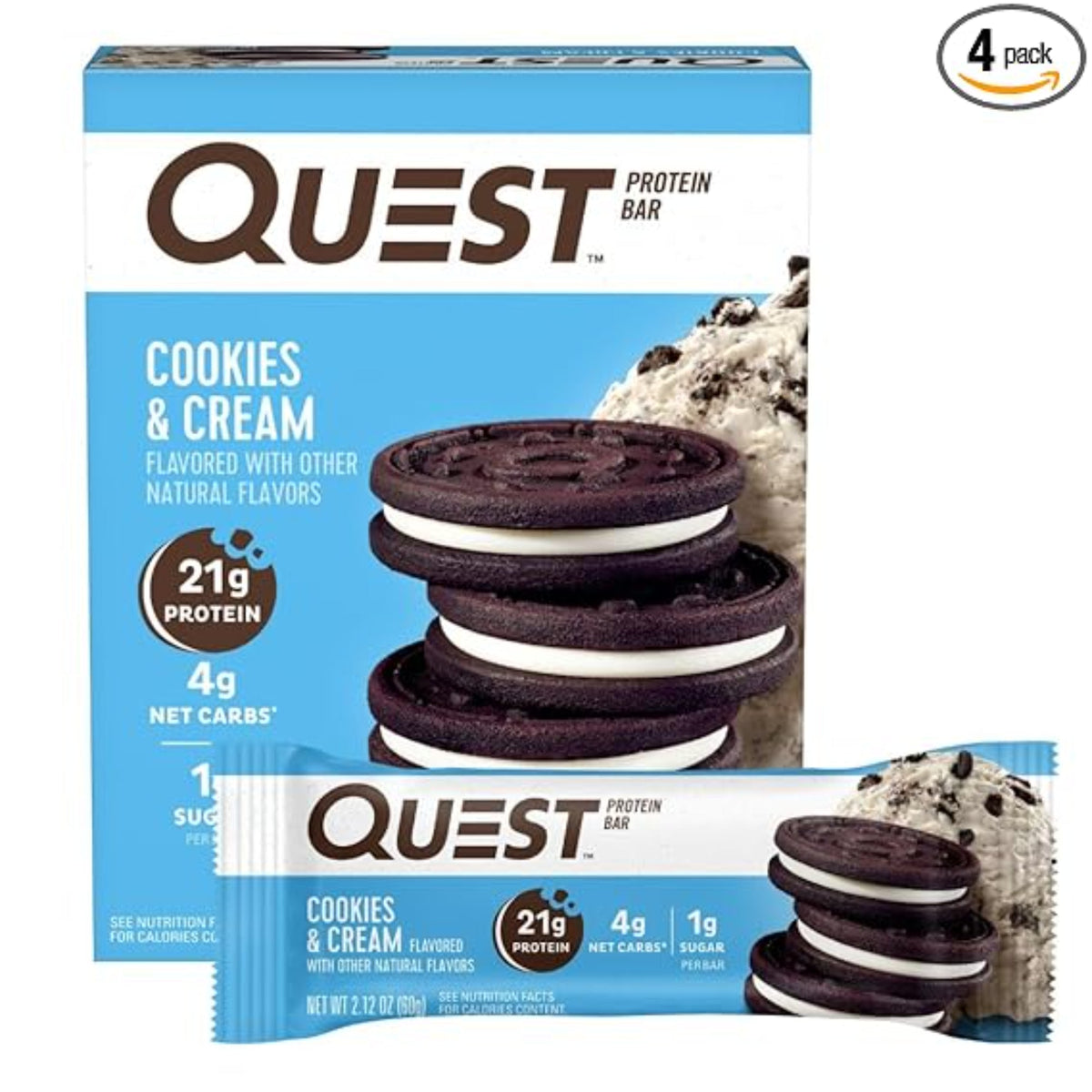 Quest Nutrition Cookies & Cream Protein Bars, 21g Protein, 4g Net Carbs, 1g Sugar, Gluten Free, Keto Friendly, 4 Count