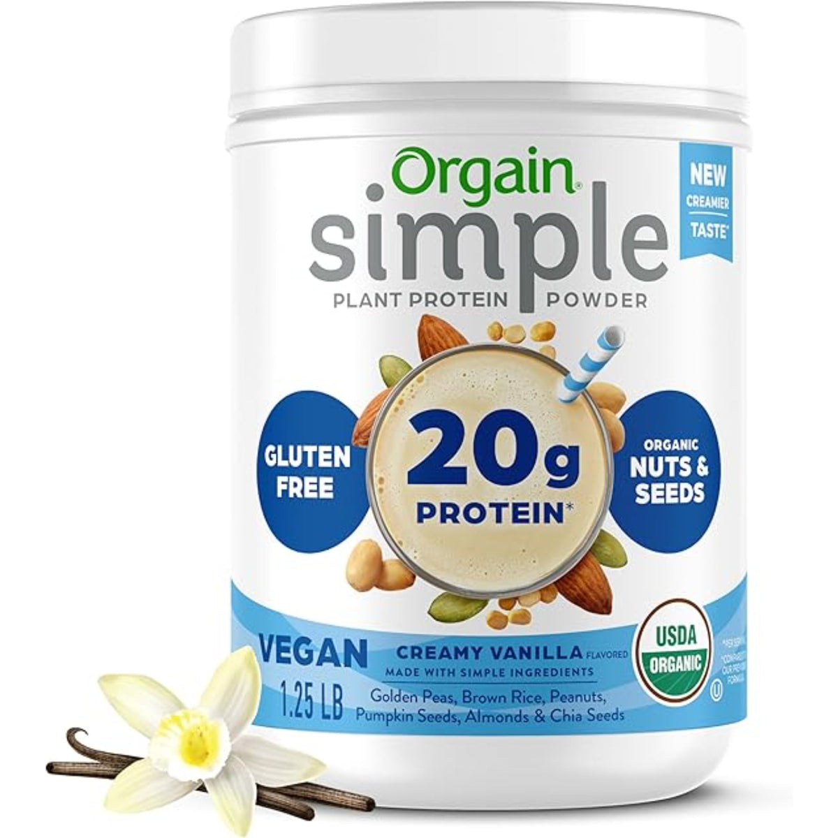 Orgain Organic Simple Vegan Protein Powder, Vanilla - 20g Plant Based Protein, Made with less Ingredients, No Artificial Sweeteners, Gluten Free, No Dairy or Lactose, 1.25 lb (Packaging May Vary)