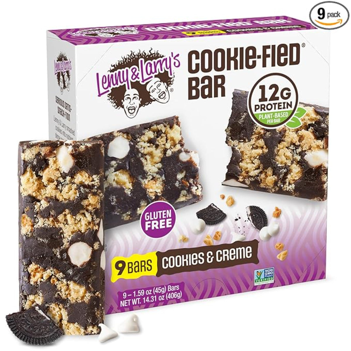 Lenny & Larry's Cookie-fied Protein Bar – Cookies & Creme Vegan Protein Bars 9x45g – Healthy Snacks with 12g Plant Protein & 5g Fiber – Gluten free Power Bar, Keto Friendly, Non-GMO & Vegan