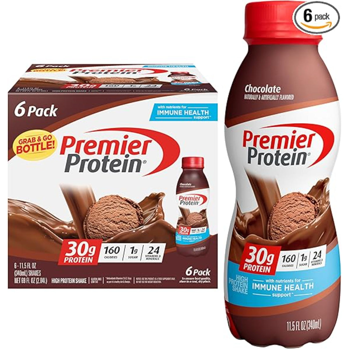 Premier Protein Shake, Chocolate, 30g Protein 1g Sugar 24 Vitamins Minerals Nutrients to Support Immune Health, 11.5 fl oz (Pack of 6)