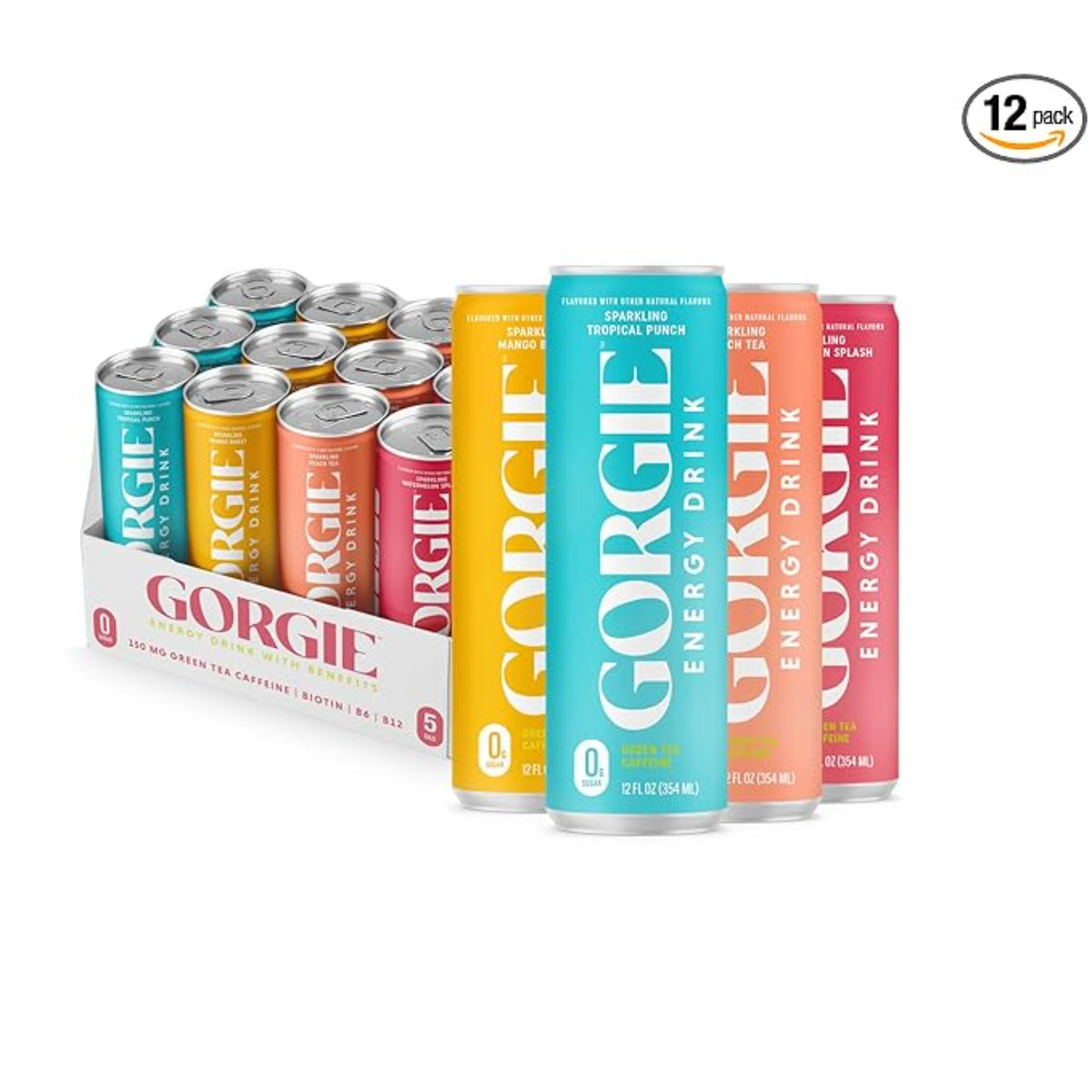 GORGIE Sugar Free Natural Energy Drinks, BestSellers Variety (12 Pack) - Healthy Energy Drinks - Natural Coffee Replacement with Green Tea Caffeine and Biotin - 150mg Caffeine, Vegan, & Low Calorie