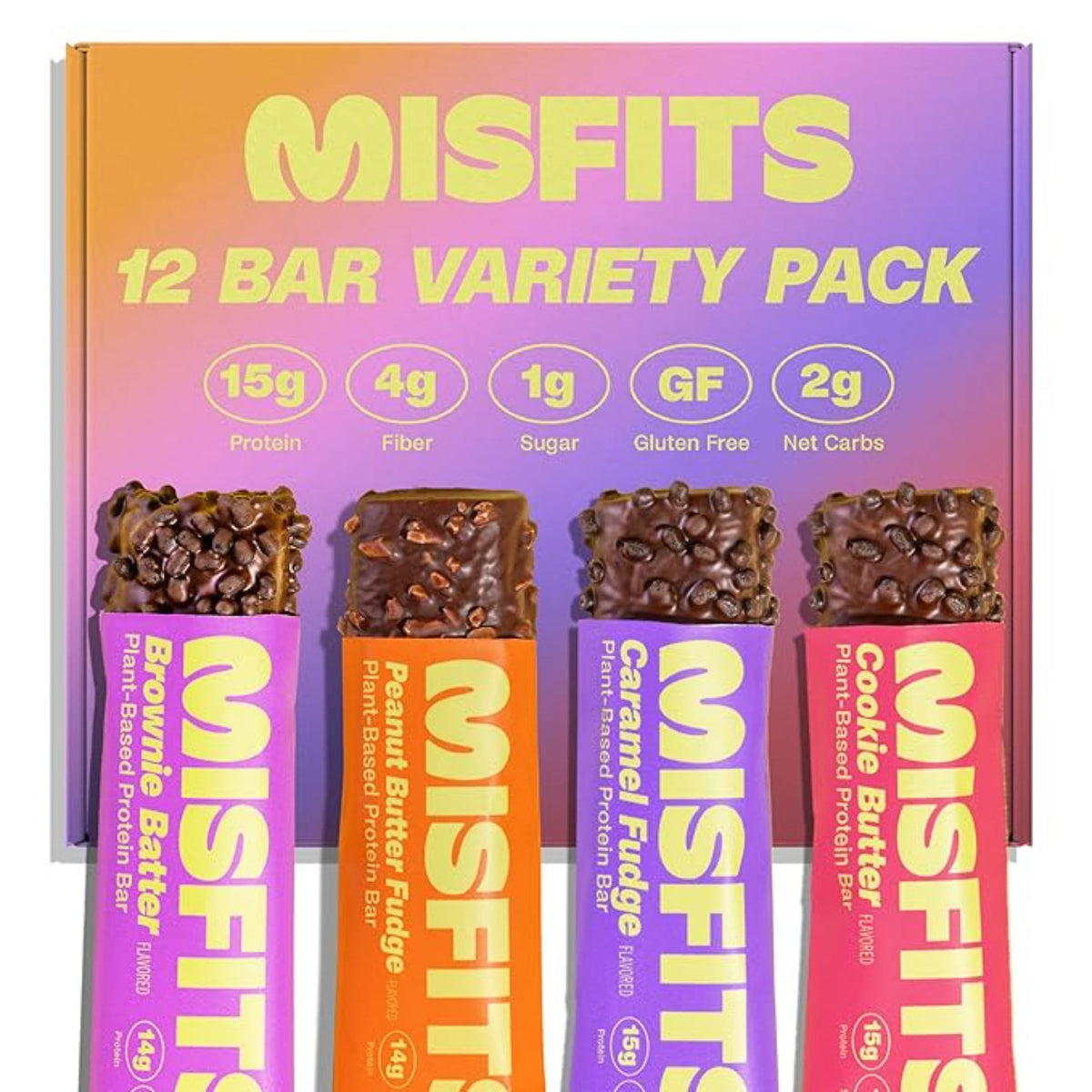 Misfits Vegan Protein Bars - Updated Gluten Free Recipe | Plant Based, Low Sugar & Carb, High Fiber Snacks | Variety Pack of 12 (4 Flavors)