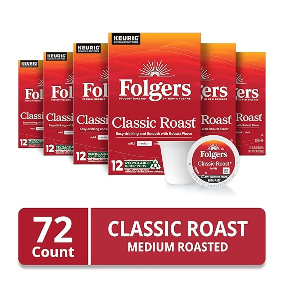 Folgers Classic Roast Medium Roast Coffee, 72 Keurig K-Cup Pods