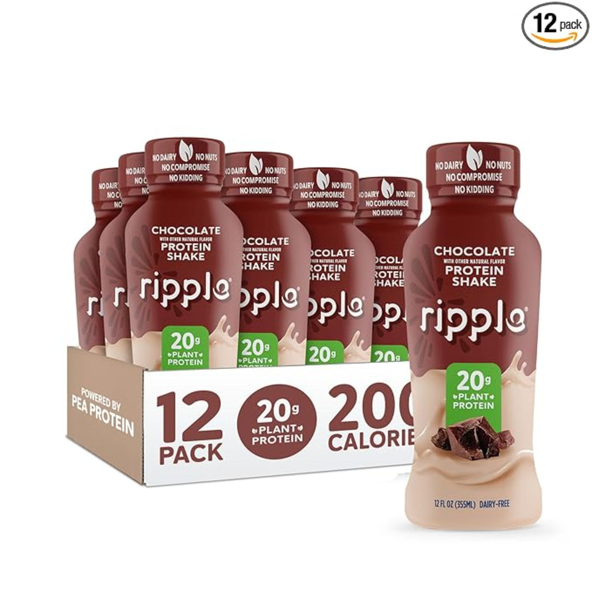 Ripple Vegan Protein Shake | Chocolate | 20g Nutritious Plant Based Pea Protein | Shelf Stable | No GMOs, Soy, Nut, Gluten, Lactose | 12 Oz, 12 Pack