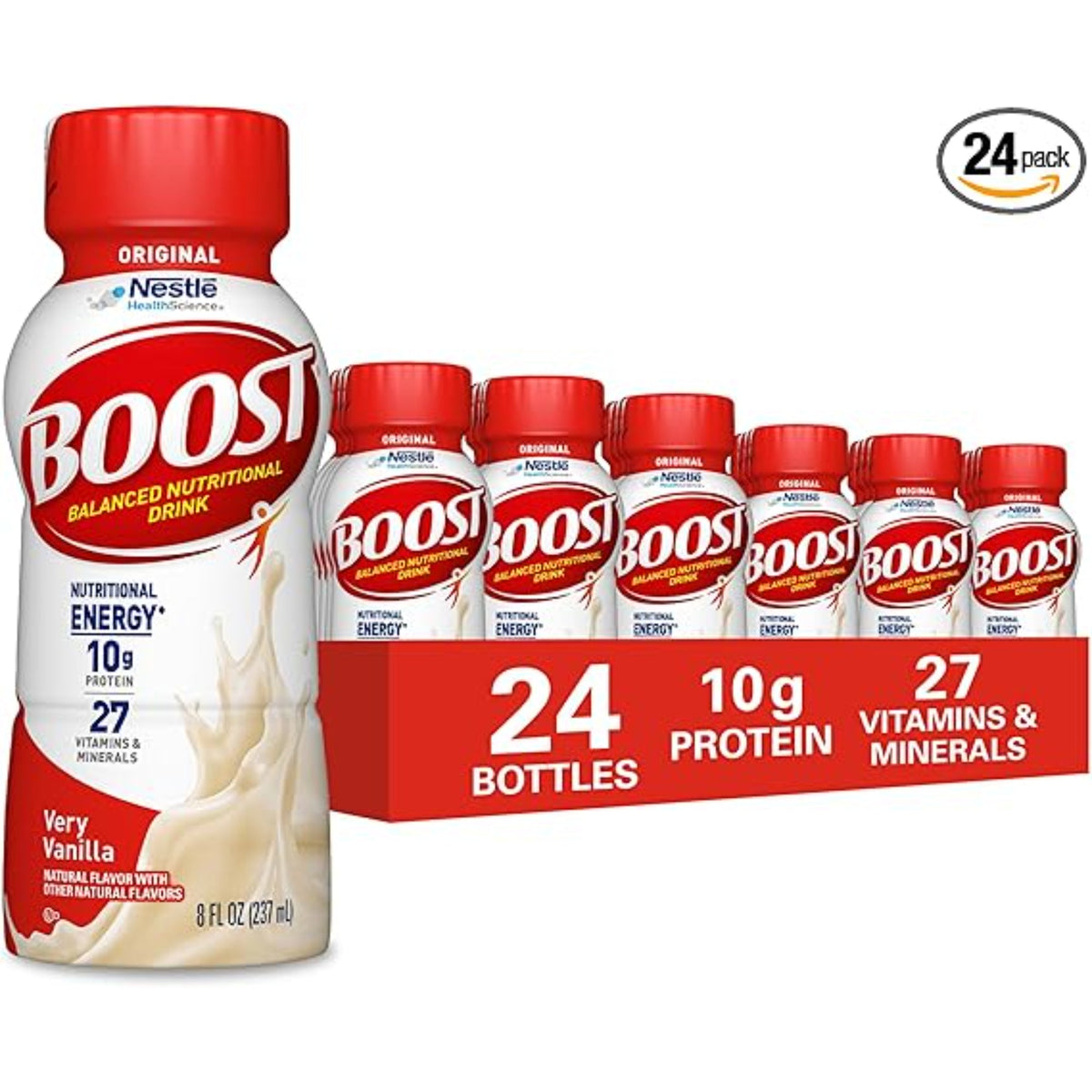 BOOST Original Ready to Drink Nutritional Drinks, Very Vanilla, 8 Fl Oz Bottles, Pack of 24