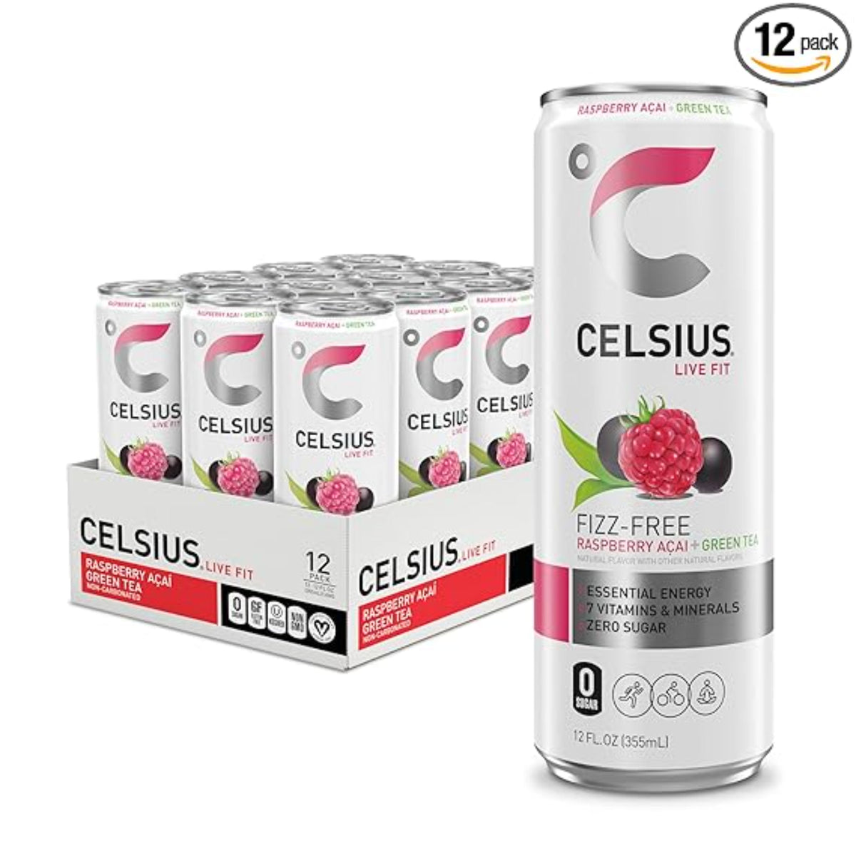 CELSIUS Raspberry Acai Green Tea, Functional Essential Energy Drink 12 Fl Oz (Pack of 12) Packaging may vary