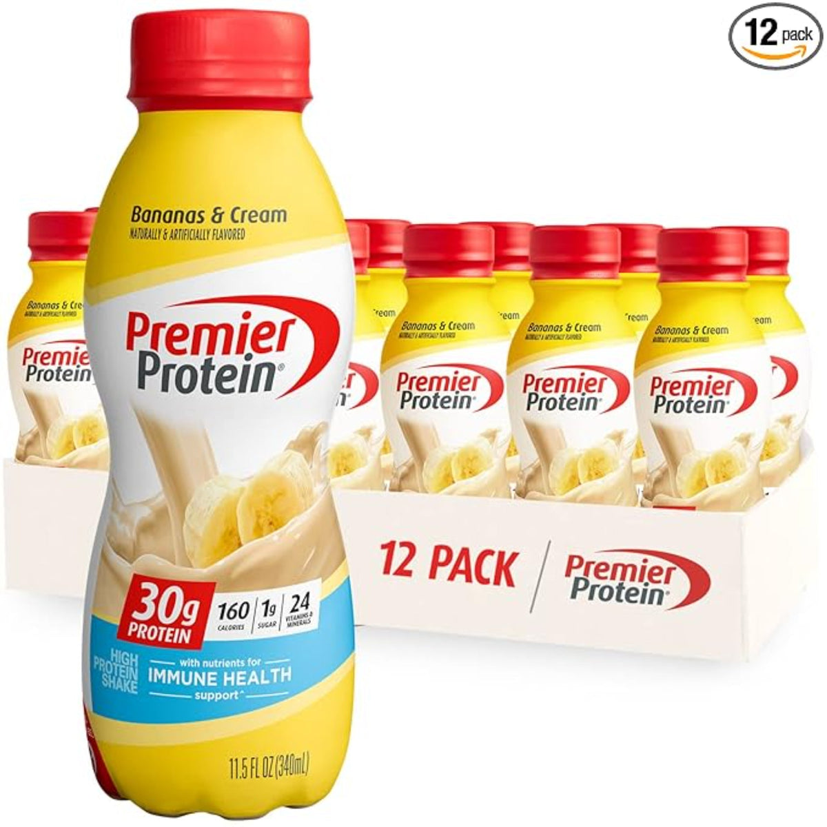 Premier Protein Shake, Bananas & Cream, 30g Protein, 1g Sugar, 24 Vitamins & Minerals, Nutrients to Support Immune Health, 12 Pack