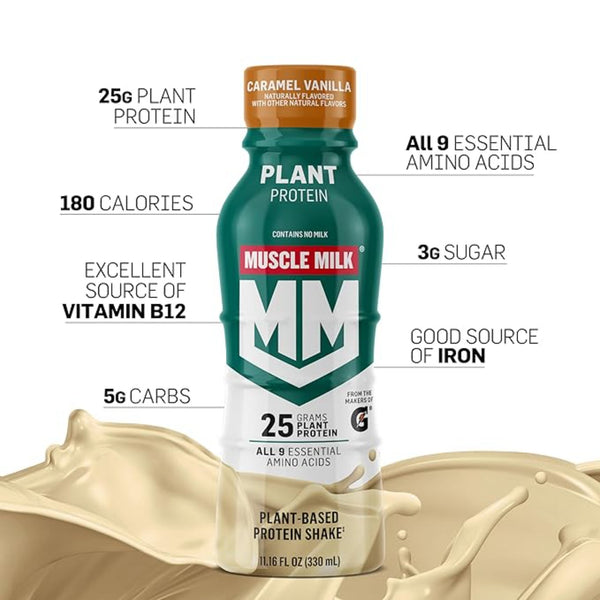 Muscle Milk Plant Based Protein Shake, Vanilla Caramel, 11.16 Fl Oz (Pack of 12)