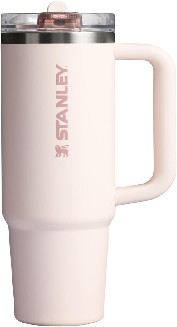 Pink Stanley tumbler on a white background