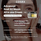 COSRX Snail Mucin 92% Repair Cream, Daily Face Gel Moisturizer for Dry Skin, Acne-prone, Sensitive Skin, Not Tested on Animals, No Parabens, Korean Skincare (3.52 Fl Oz (Pack of 1))-UPStoxs