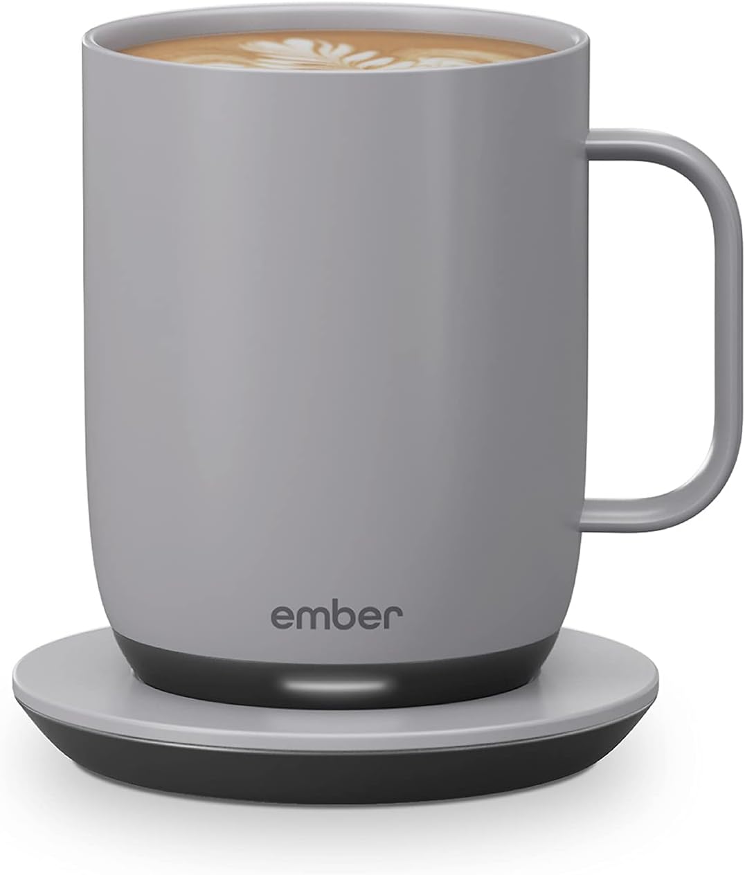 Gray Ember mug with a cup of coffee on a white background