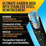 PowerFlow Garden Hose, NON-EXPANDABLE 25 Feet Premium Quality Stainless Steel Metal Water Hose with Durable Fabric Skin, Hose For Commercial, Residential Use, Bonus 10-way Spray Nozzle (25 Ft, Black)-UPStoxs
