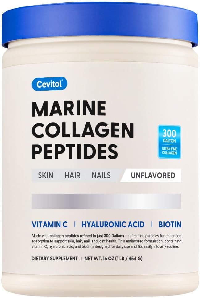 Unflavored marine collagen peptides powder, 16 oz product containe