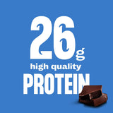 Chocolate pieces with text indicating 26g of high-quality protein on a blue background