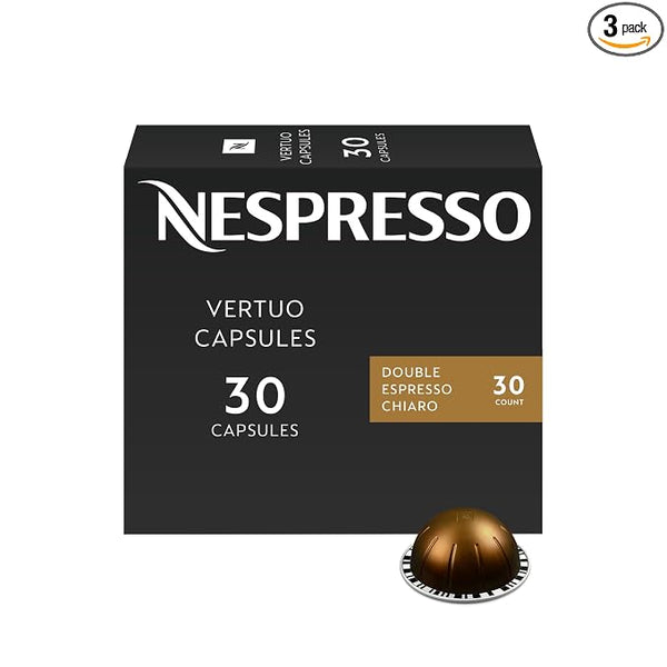 Nespresso Vertuo Double Espresso Chiaro, black 30-count capsule box with a bronze coffee pod