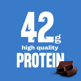 Chocolate with text indicating 42 grams of high-quality protein on a blue background