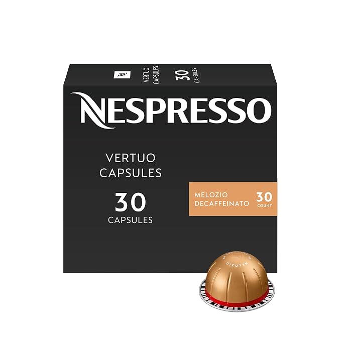 Nespresso Vertuo Melozio Decaffeinato, black 30-count capsule box with a gold coffee pod and red rim